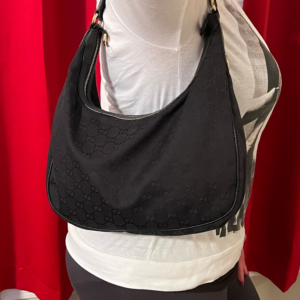 GUCCI Authentic Black Canvas and Leather Hobo